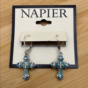 NWT Napier Silver Tone Blue Enameled Cross Drop Earrings Earrings